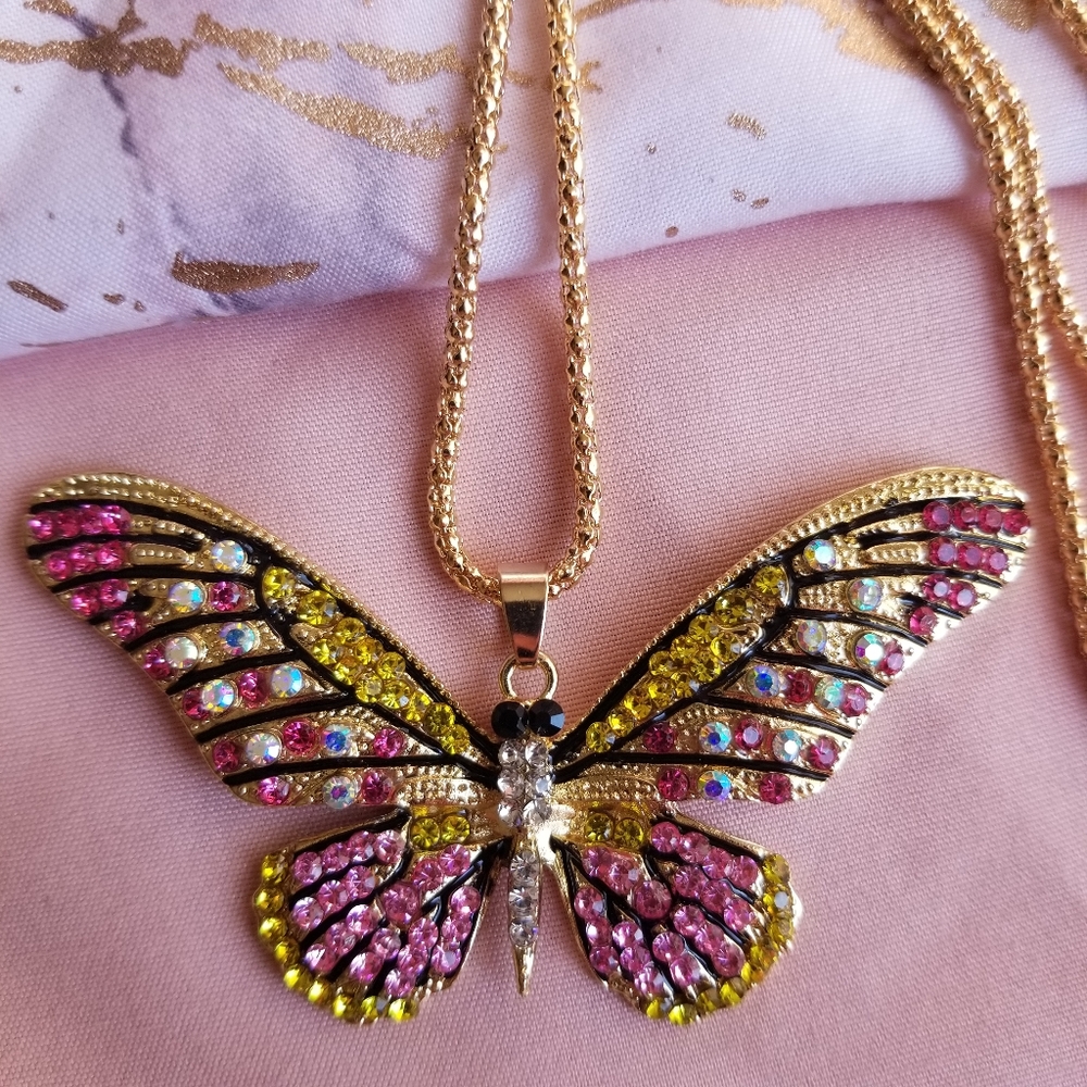 Pink Gold Rhinestone Butterfly Necklace